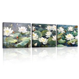 Piy Painting Nature Landscape Canvas Pictures, White Flower Art Pictures, Summer Scenery Canvas Wall Art, Easy To Hang For Bedroom Living Room Bathroom Dining Hall, 3x 12x12inch (36x12 inch)