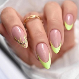 Yellow French Tip Press on Nails Medium Almond Fake Nails Yellow False Nails with Design Leaf Glue on Nails Full Cover Glossy Acrylic Stick on Nails Cute Artificial Nails for Women Manicure 24Pcs