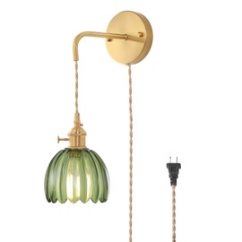 Shenmoyl Vintage Wall Sconce Wall Lamp with Green Tulip Glass Shade Hanging Wall Sconce with 4.9FT Plug in Cord, Modern Wall Lamp Fixtures Decor for Bedside Bedroom Indoor Doorway