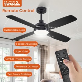 SILVER SWAN 42" Ceiling Fans with Lights, Low Profile Ceiling Fan with Lights and Remote Control, Dimmable, Reversible, 6-Speeds, Modern Ceiling Fans for Living Rooms,bedrooms and Kitchens,Black