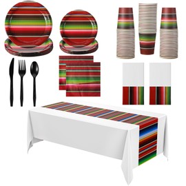 Oudain 162 Pcs Mexican Party Decorations 2 Mexican Serape Tablecloth Rectangular Mexican Party Plates Mexican Serape Napkins Fiesta Theme Dinnerware Set