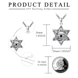 TRISHULA Star of David Necklace for Men 925 Sterling Silver Compass/Evil Eye Pendant Star of David Jewellery Gift for Talisman Amulet, Sterling Silver, Zircon
