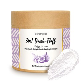 Puremetics 3-in-1 Shower Fluff (250 g), Shower Gel, Peeling and Lotion in One, Vegan & Plastic Free, Nourishing, Skin-Refining & Smoothing, without Microplastic, Sugar Sea Salt Peeling, Zero Waste