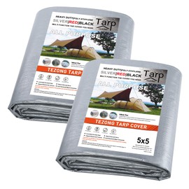 Tarp Heavy Duty Waterproof 5x5ft,TEZONG Silver Poly Tarp Plastic Outdoor Tarpaulin Cover Multipurpose for Rain,Sun,Patio Furniture,Pool,Roof,Wood,Camping,Car,10Mil Thickness 2Pack