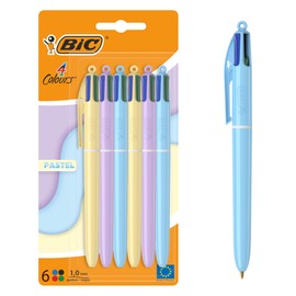 BIC 4 Colours Ballpoint Pen Set in Pastel in Various Colours, Pack of 6, Ideal for the Office, Home Office or School