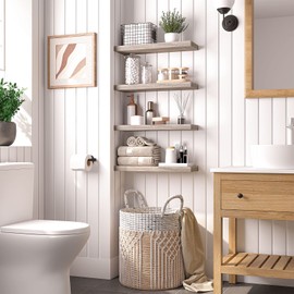 HOOBRO Floating Shelves, Wall Shelf Set of 2, 23.6 Inch Hanging Shelf with Invisible Brackets, for Wall Decor in Bathroom, Bedroom, Toilet, Kitchen, Living Room, Office, Greige BG60BJ01G1