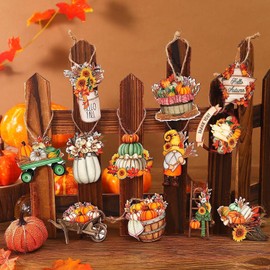 12 Pcs Fall Thanksgiving Wood Ornaments for Tree Thanksgiving Hanging Decorations Autumn Maple Leaf Pumpkin Truck Gnome Wood Cutout Thanksgiving Fall Decor for Home Party (B)