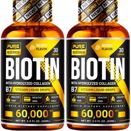 PURE RESEARCH Biotin & Collagen 60,000mcg Hair Growth Liquid Drops, Supports: Strong Nails, Glowing Skin, Healthy Hair Growth, More Absorption Than Capsules & Pills (4Fl Oz)