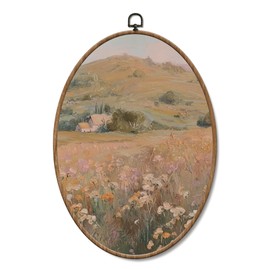 Yorhifa Vintage Pastel Wildflower Landscape Framed Wall Art, Cottagecore Natural Scenery Oval Wall Art, Rustic Floral Oval Walls Decor, Farmhouse Country Canvas Artwork Hanging Decor, 8.5x11.5in