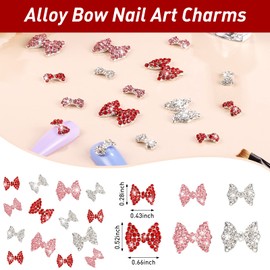 Maitys 24 Pieces Nail Bows Charms Rhinestones 3D Charms Alloy Pearl Bow Knot Accessory for Women DIY Valentine Salon Jewelry Craft(Red, Gold, Rose Red)