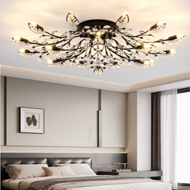 Vintage Small Crystal Chandelier Modern Semi Flush Mount Ceiling Light Fixture Black Leaves Chandeliers Lighting for Bedroom Living Room Dining Room Kitchen Hallway Foyer (Black, 15-Heads)