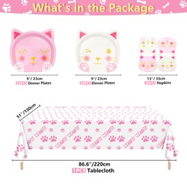 61 Pieces Cat Birthday Party Decorations - Including Pink White Cat Plates, Pet Napkins, and MEOW Tablecloth for Pet Cat Themed Birthday Party Supplies, Serve 20 Guests