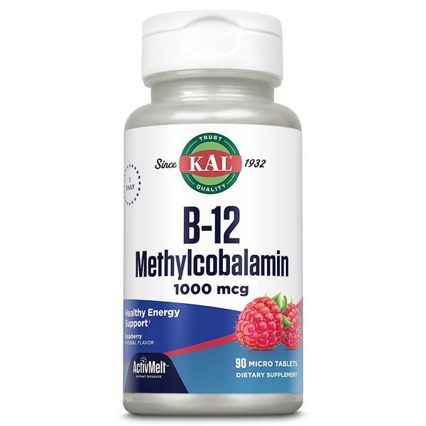 KAL B-12 Methylcobalamin ActivMelt 1000 mcg Natural Raspberry Flavor Healthy Metabolism, Energy, Nerve & Red Blood Cell Support 90 Micro Tablets