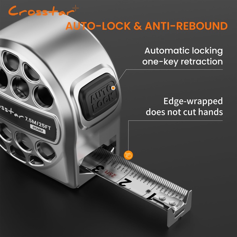 Crosstar 25FT Self-Locking Tape Measure - Stainless Steel, Fractional/Metric Double-Sided