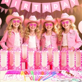 145Pcs Cowgirl Party Favors-12 Guests Set Include Disco Cowgirl Hot Pink Goodie Box Stuffers Glasses Straw Silicone Bracelet Keychain Tattoos Stickers for Rodeo & Birthday Party Gift