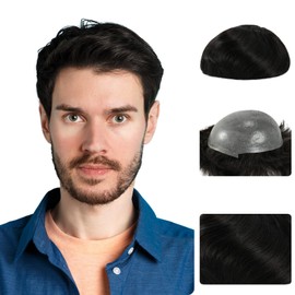 Zakya Toupee for Men 100% European Human Hair All V-Looped Men's Hair Toupee 0.06mm Ultra Thin Skin Base Hairpiece for Men Natural Hairline Hair Pieces Size 8x10 Inch Replacement System for Men Off Black 1B#