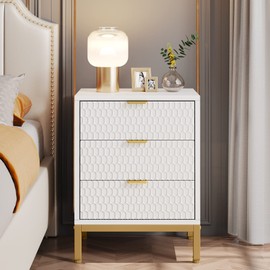 LITTLE TREE 3 Drawers Nightstand Modern Gold White Bedside Chair Side End Table with Storage for Bedroom, Living Room