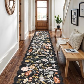 3x20 Hallway Runner Rug Washable: Extra Long 20ft Floral Scalloped Carpet Runner Non Slip Boho Rug Runner for Indoor Entryway Stain Resistant Rug Runners for Living Room (Black, 3x20)
