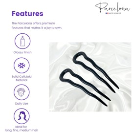 Parcelona Juego de 3 horquillas onduladas de celuloide en forma de U para el pelo de estilo moño para mujeres, a la moda, flexible, duradera, para niñas, accesorios para el cabello, hechos en Francia (negro)