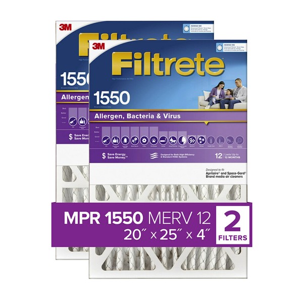Filtrete 20x25x4 Air Filter, MPR 1550, MERV 12, Healthy Living Ultra Allergen Healthy Living 12-Month Deep-Pleated 4-Inch Air Filters, 2 Filters