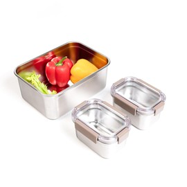 LocknLock Stainless Steel Food Storage Containers with Lids, Metal Lunch Boxes, Leak-Proof, Microwave, Freezer and Dishwasher Safe, 3-Piece Set, 2 x 520ml and 1 x 1400ml