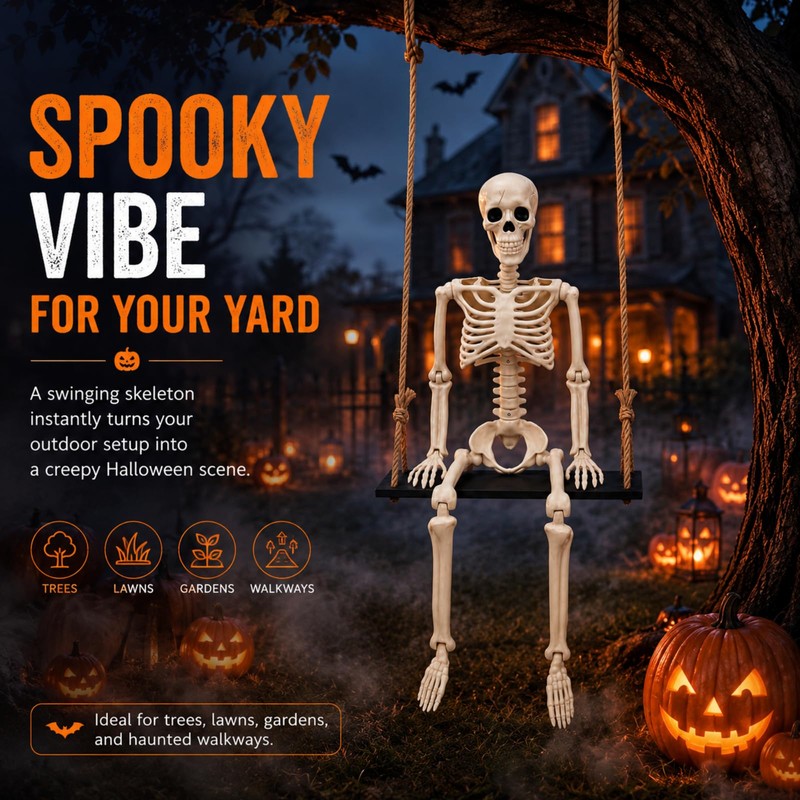 Sintuff Halloween Swinging Skeleton on Swing, Swinging Outdoor Ghost Decor