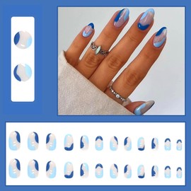 24Pcs Almond False Nails Short, French Tips Blue Wave Press on Nails Acrylic Full Cover Stick on Nails with Glue Stickers, Oval Glossy Artificial Fake Nails for Women Girls DIY Manicure