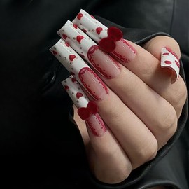 IMRAIN Square Press on Nails Long Length Fake Nails Full Cover Glue on Nails Glossy White French Tips False Nails with Furry Bow Designs for Women Girls 24Pcs Acrylic Stick on Nails