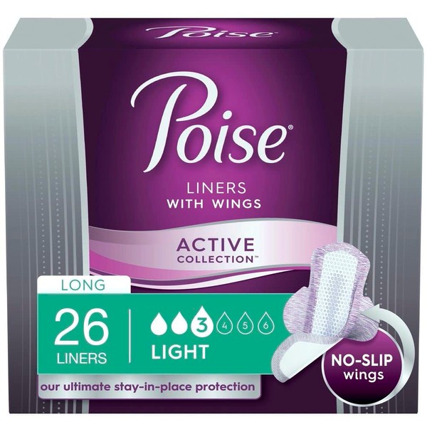 Poise Active Incontince Panty Liners with Wings Long Light 26 Liners
