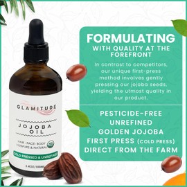 GLAMITUDE Organic Jojoba Oil for Skin - Hair Oil Body Oil Hair Growth Oil |Beard Oil Massage Oil Hair Oil for Hair Growth |Nail Oil Cuticle Oil Face Oil |Indian Hair Oil Mineral Oil |Pure & Cold Pressed 100ml