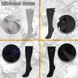 Pack Of 6 Girls Knee High Bow Socks, Black, 4-6 (EU 37-39)