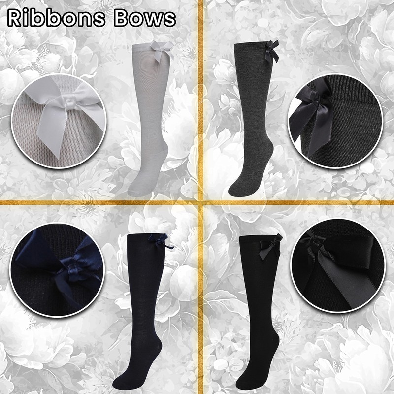 Pack Of 6 Girls Knee High Bow Socks, Black, 4-6