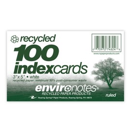 Roaring Spring Recycled Index Cards 3"x5", 100 Count, Smooth 100# White Recycled Index Paper, Ruled on Front, Blank on Back (Pack of 1)