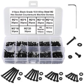 FandWay 410Pcs M2 Hex Socket Countersunk Machine Screws, 10.9 Grade Alloy Steel Flat Head Hex Socket Cap Screws, Nuts Bolts and Washers Assortment Set With Allen Key(Black)