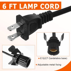 Macarrie 2 Pcs Clip in Lamp Cord with E12 Light Socket Single Lamp Replacement Cord for Holiday Christmas Village Accessories Decorations Switch Not Included, 6 ft (Black)