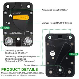 Ambuker 150A Circuit Breaker W/Manual Reset Switch IP66 Waterproof Square Electrical Breaker Overload Protector for DC 12-48V Boat RV Trolling Automotive Battery Solar System Power Station
