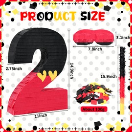 RoundFunny Number 2 Piñata Black Red Piñata First Birthday Party Supplies for Celebration for Boys Girls Fun Yellow Heart Black and Red Themed Party Decor 14.9 X 11 X 2.8 Inches