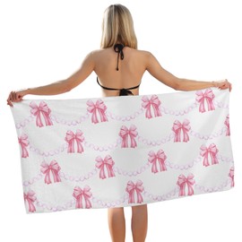 Coquette Pink Bow Beach Towel, Preppy Girls Bath Towels, Pink Bow Gifts for Women, Preppy Girly Aesthetic Pool Swim Towels for Girls Bathroom Decor, 60x30 Inches