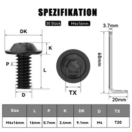 Pack of 30 M4 x 16 Screws, Pan Head Screws, Torx Screws, Flange Screws, Stainless Steel, A2 V2A, Full Thread, Black Oxide, with Torx Key