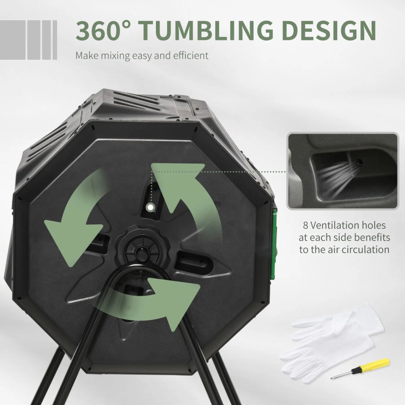 43-Gallon Green Outdoor Tumbling Compost Bin 360 Degrees Dual Chamber