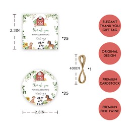 50pcs Farm Thank You Tags, Farm Animals Gift Tag with String for Baby Shower Party, Pig/Duck/Horse Round Thank You Paper Tags for Farm Themed Birthday Party Favors