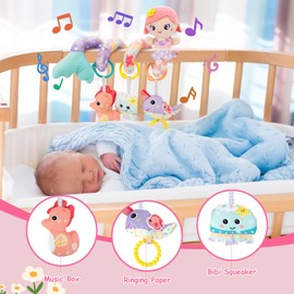 Funsland Pram Toy Spiral, Baby Activity Spiral Toy with Music, Hanging Plush Toy for Cot / Car Seat/Baby Seat, Newborn Gift for Baby 0 3 6 12 Months, Pink