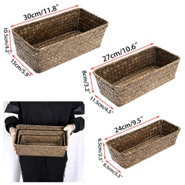 Sumnacon Set of 3 Seagrass Storage Basket Woven Seagrass Desktop Basket Rectangular Organiser Box Shelves & Desks Decorative Basket for Sundries Stationery Toys Cosmetics Books Gift Basket (Coffee)