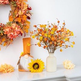 VioletEverGarden Artificial Fall Stems 12 Pack Fall Floral Picks 17 Inch Pumpkin Stems with Wildflower Eucalyptus Leaf and Berries for Autumn Thanksgiving Harvest Holiday