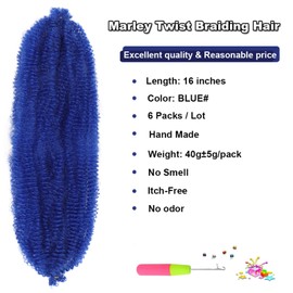 Marley Twist Braiding Hair 6 Packs 16 inch Marley Hair Pre Separated Springy Afro Twist Hair Cuban Twist Braiding Hair for Faux Locs Crochet Hair BLUE