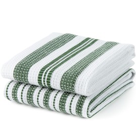 Waffle Kitchen Towels Set of 2, White and Green Striped Waffle Weave Dish Towels for Kitchen, Absorbent Waffle Hand Towels, Oeko-Tex Cotton Tea Towels, 25 in x 15 in