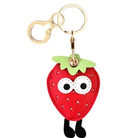 Leather Keychain Holder Case Compatible with AirTag,Cute Big Eyed Fruit Element Protective Air Tag Cover with KeyRing,Anti-Scratch Finder GPS Tracker Case for Wallet,Keys,Bag,Pets(Strawberry)
