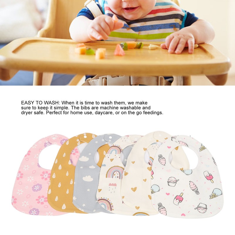 6pcs Infant Bibs U Shaped Snap Button Closure Cotton Waterproof