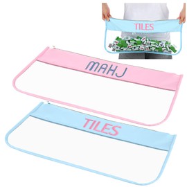 SilTriangle 2 Pcs Empty Mahjong Tile Bag 20.9 x 9.45 Inch American PVC Clear Mahjong Case Size 166 Waterproof Zippered Storage Tile Holder Rack Bag for Game Lover Gift Travel, Case Only(Blue,Pink)