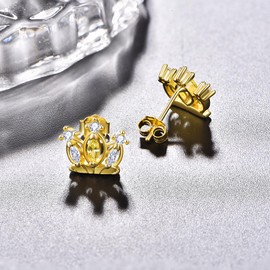 TANGPOET 24K Gold Plated Crown Earrings 925 Sterling Silver Enchanted Earrings for Women, Great Gift for Her